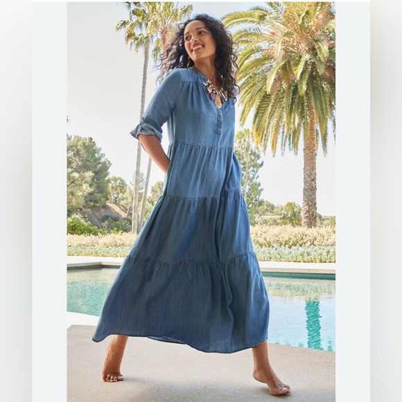 Chico's Dresses & Skirts - Chicos Tiered Tencel Blue Denim Maxi Dress size 12 or Chicos size 2